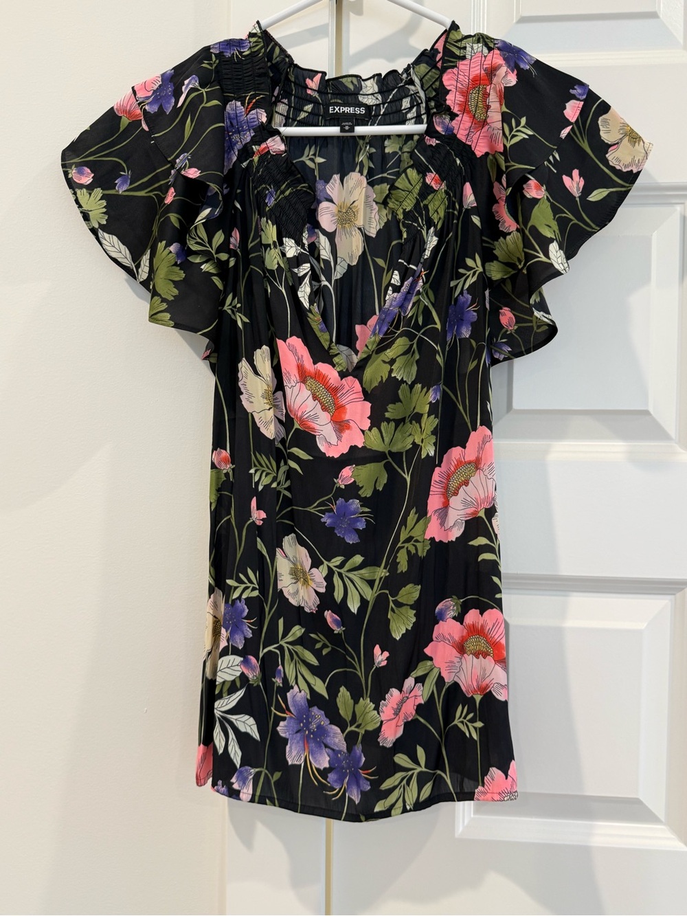 Express Black Floral Top with Pink Blossoms and Green Leaves